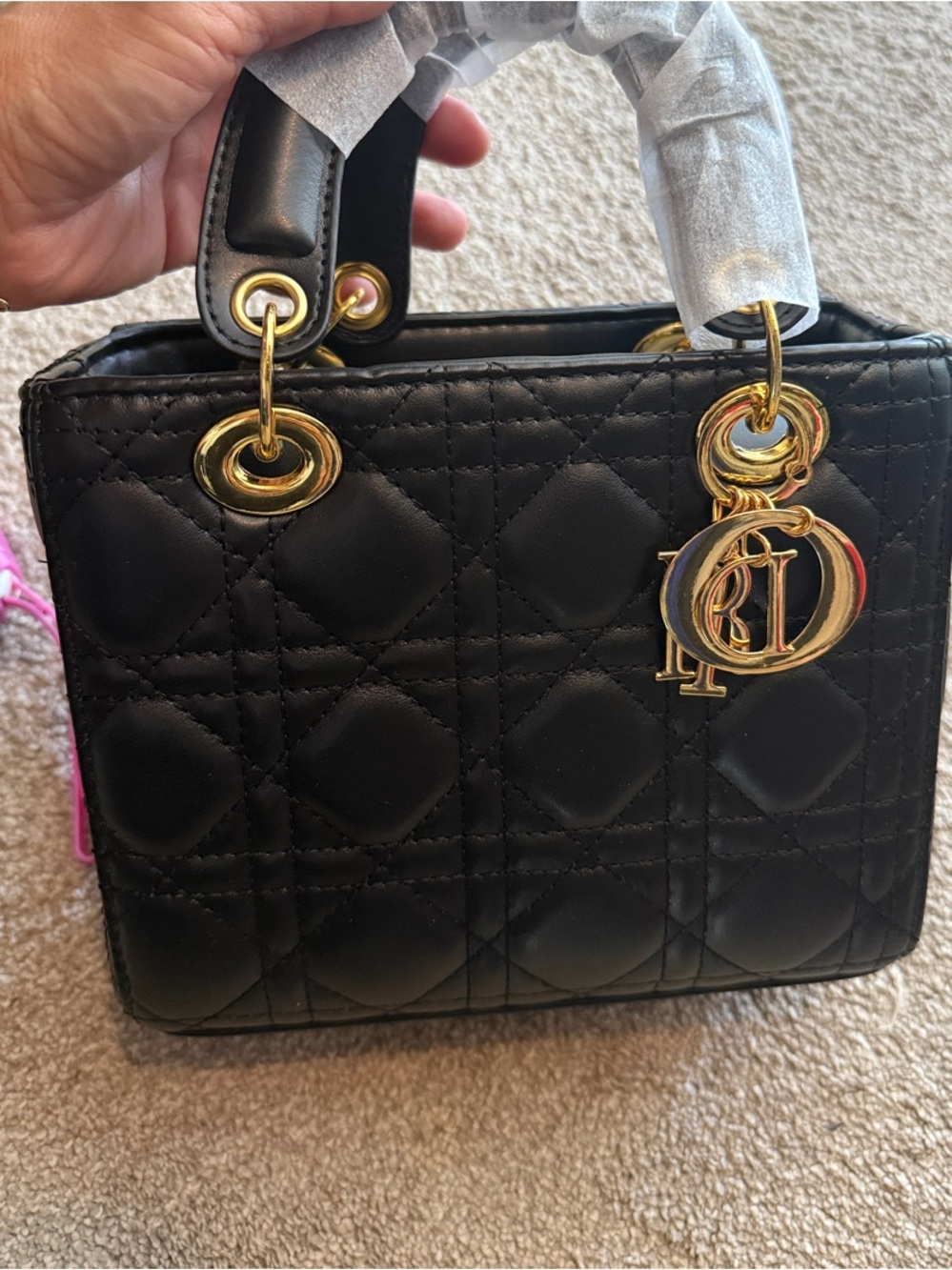 Black Quilted Mini Top-Handle Bag with Gold Hardware